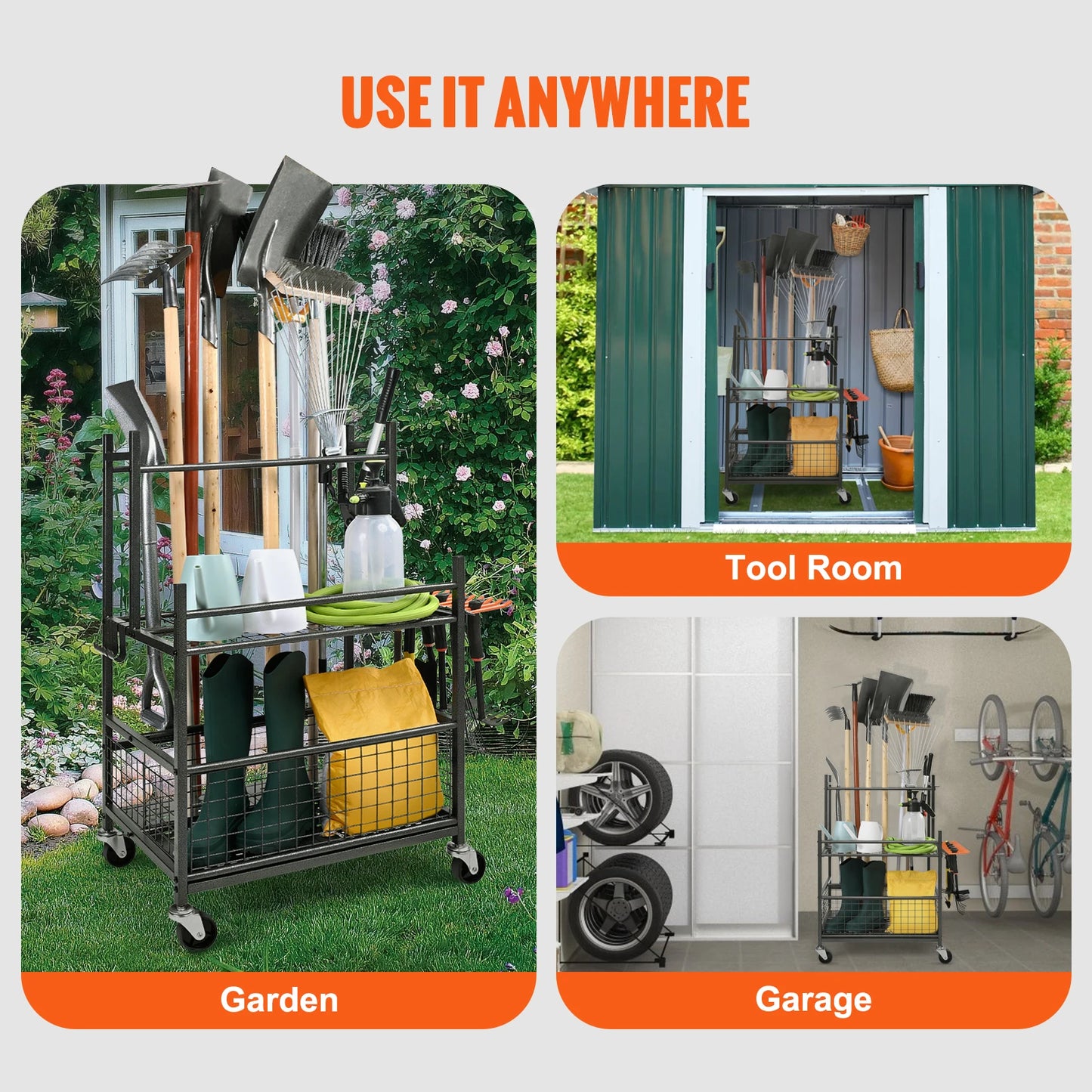 Garden Tool Organizer 16 Slots Rack With Hooks Wheels For Garage Storage