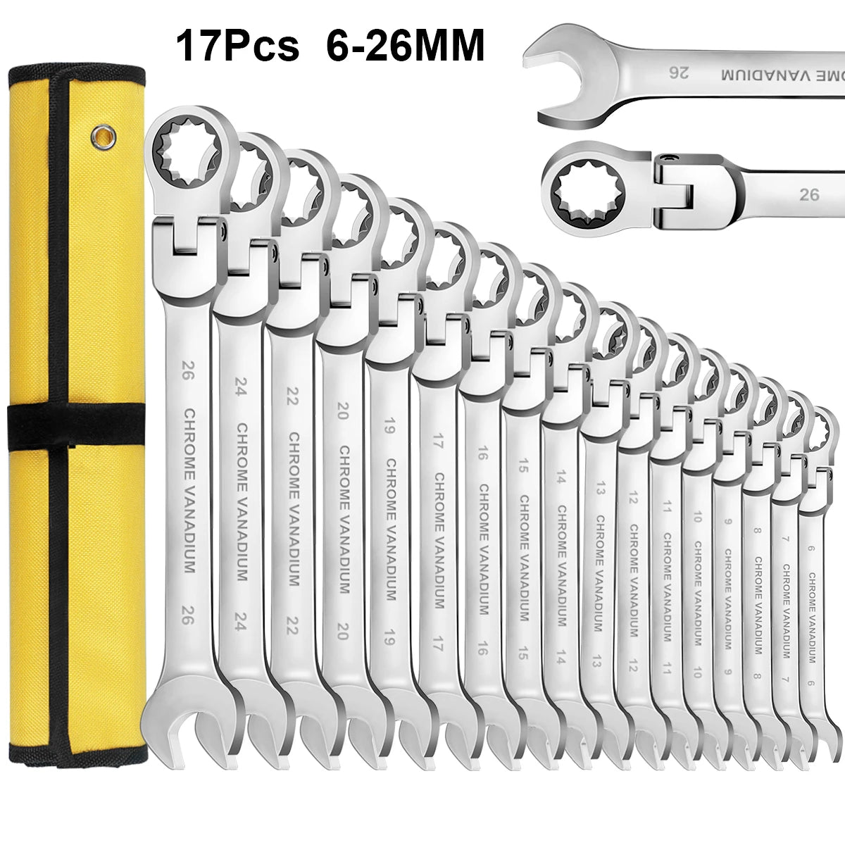 WOZOBUY Flex Head Ratchet Wrench Set 6 to 26mm Cr V Steel 72 Teeth