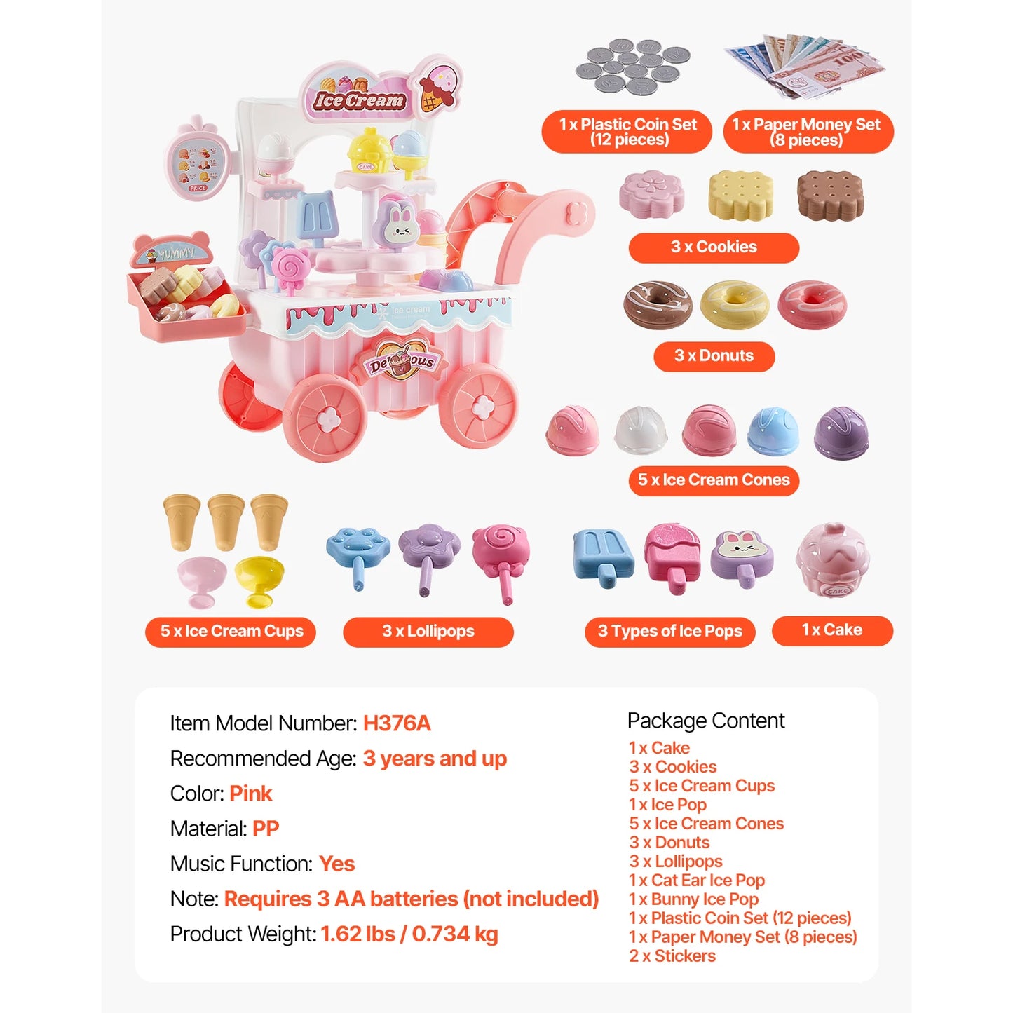 SucceBuy Ice Cream Cart For Kids With Sound And Lights