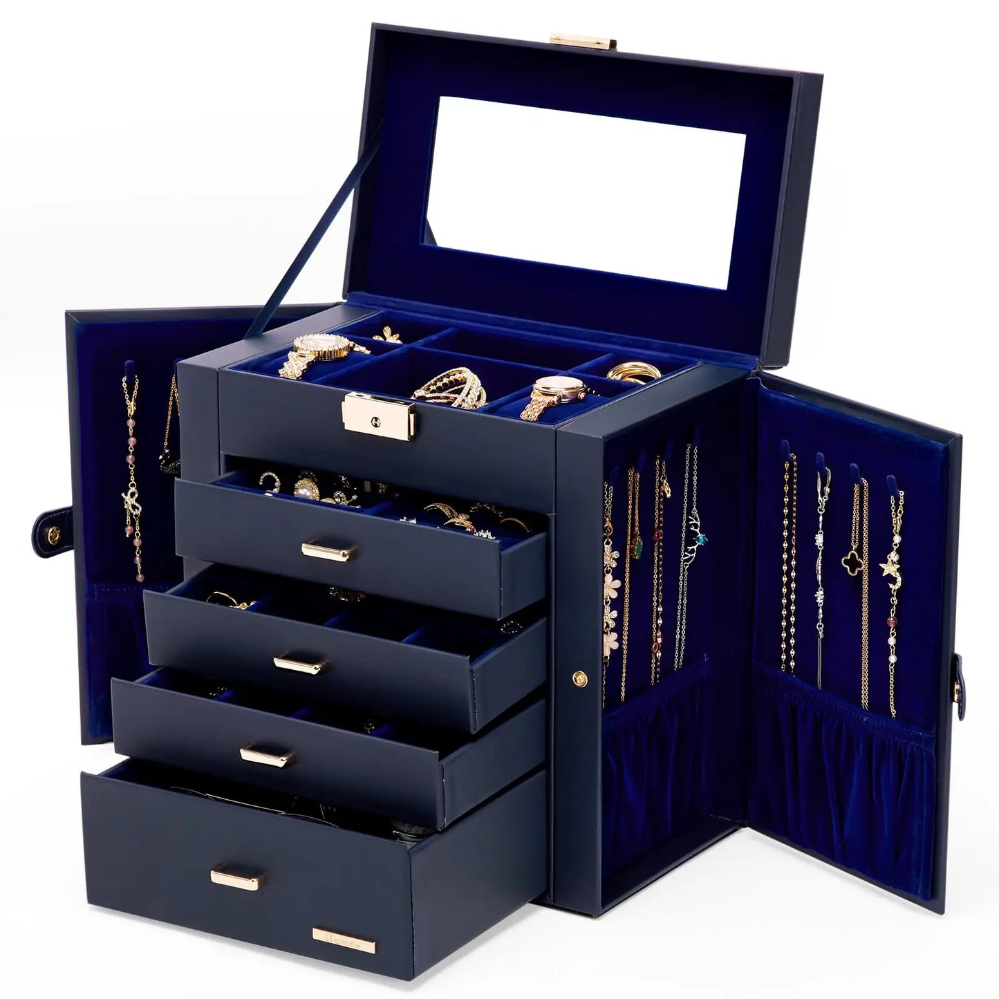 Synthetic Leather Jewelry Box With Lockable Mirrored Lid Organizer
