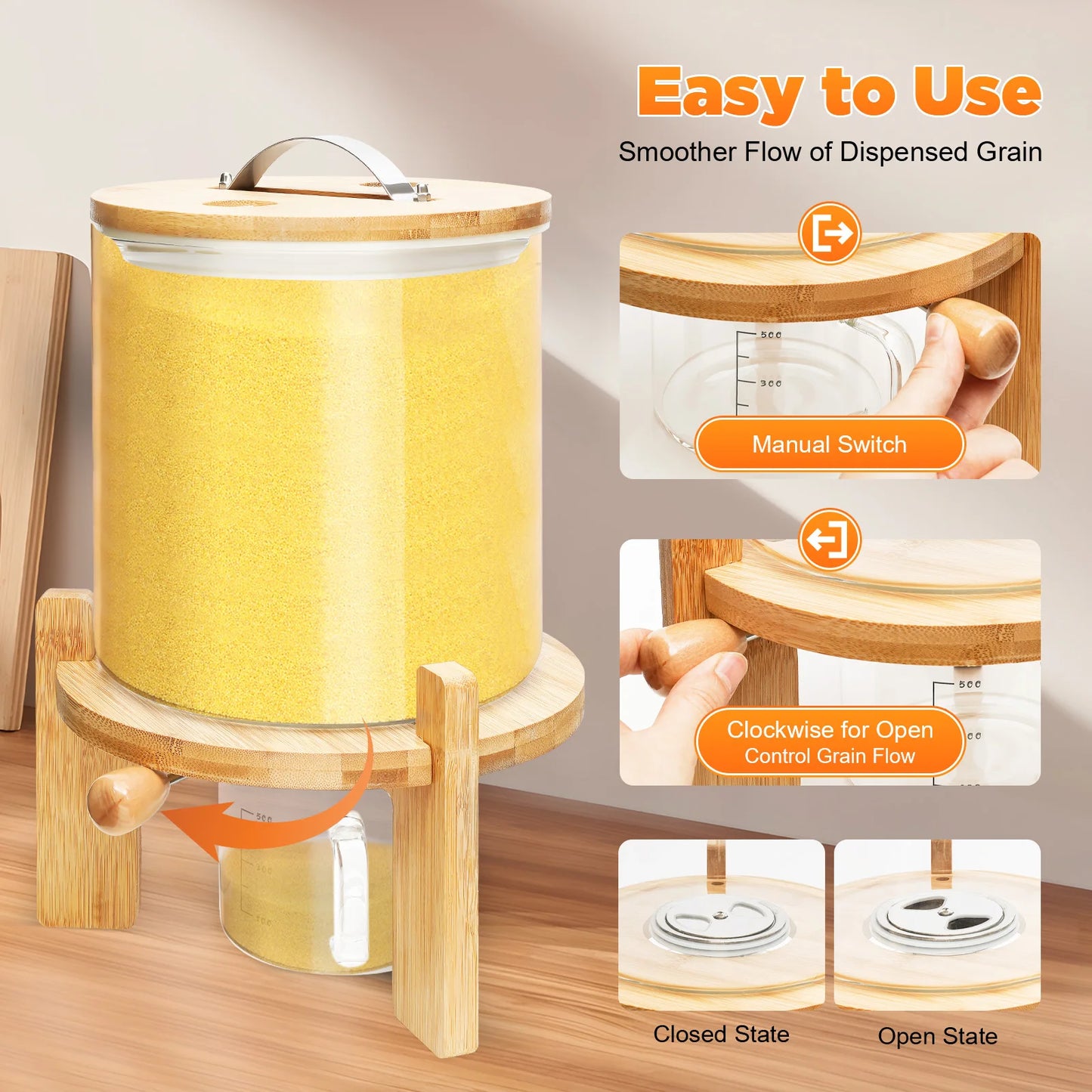 Airtight Glass Food Storage Container Cereal Dispenser With Bamboo Lid