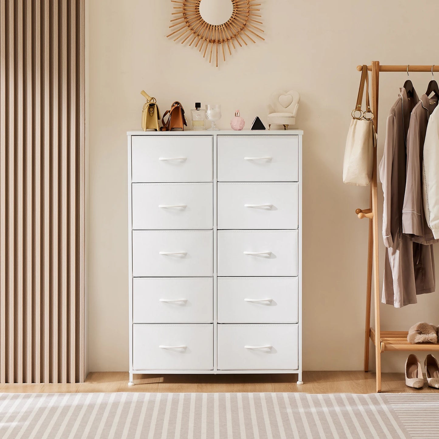 JHK Bedside Table With 10 Fabric Drawers Steel Frame Wardrobe Storage Cabinet