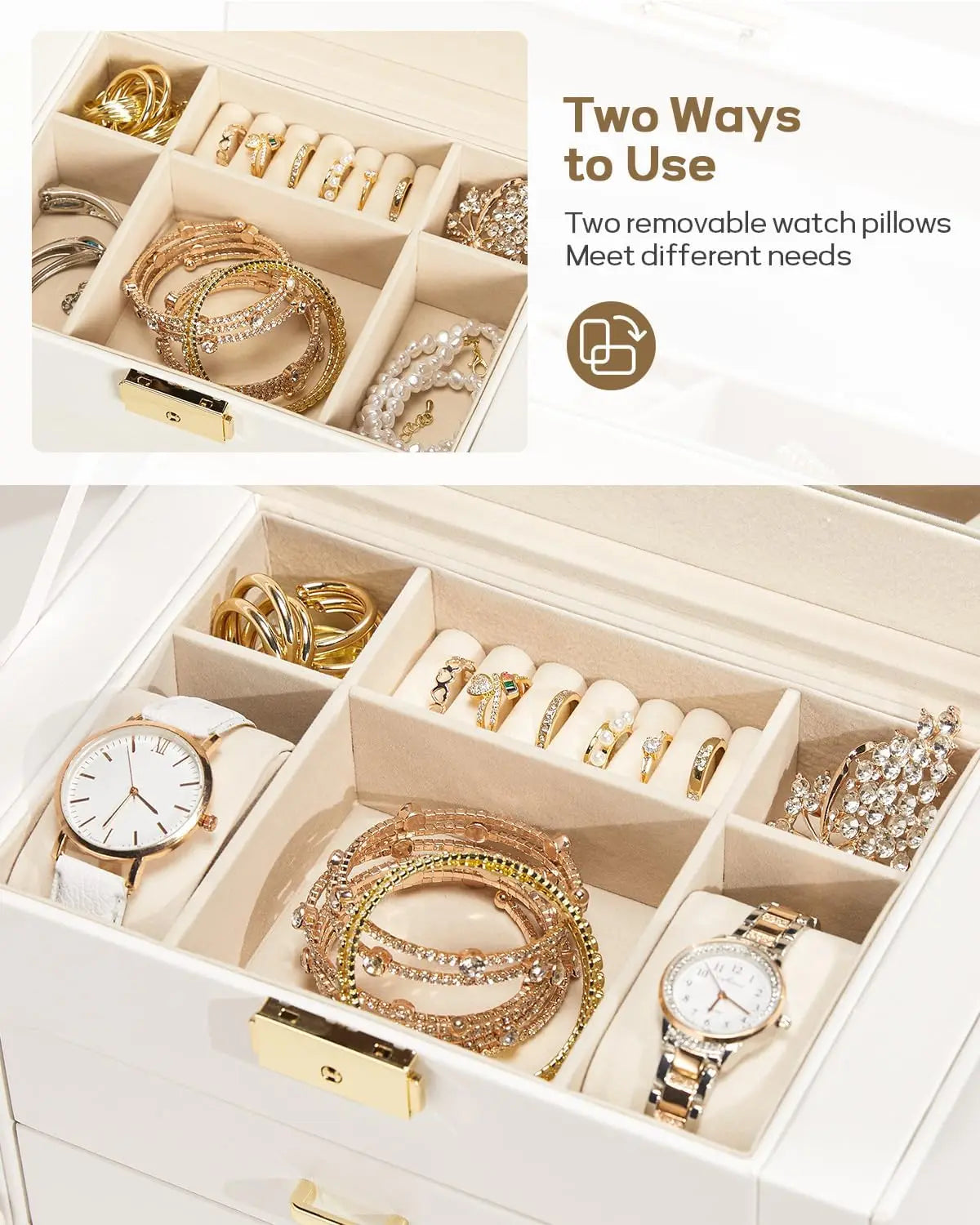Synthetic Leather Jewelry Box With Lockable Mirrored Lid Organizer