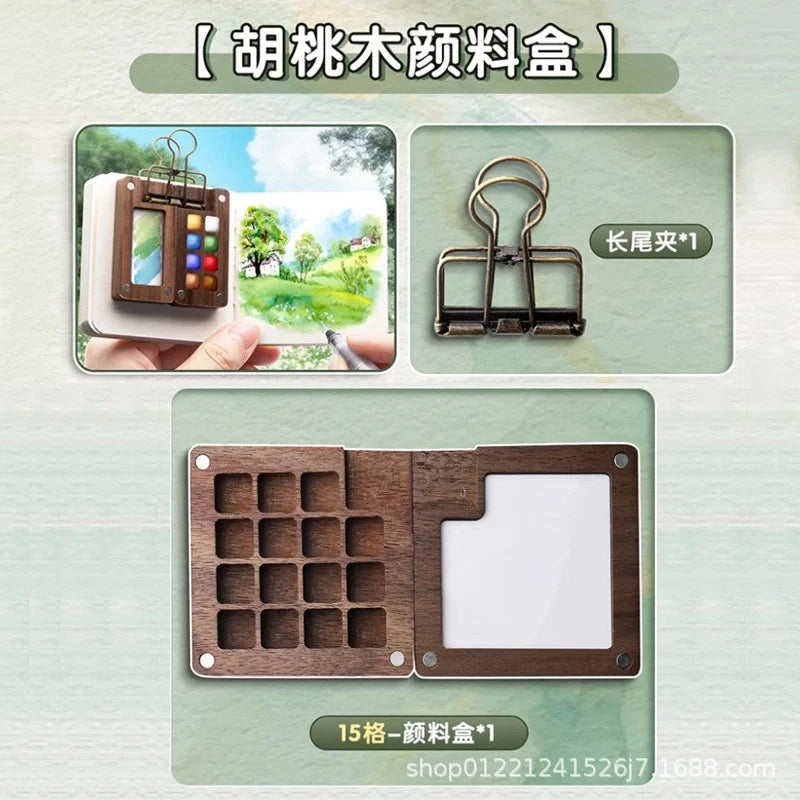 Mini Watercolor Paint Set Portable Travel Kit Water Brush Clip