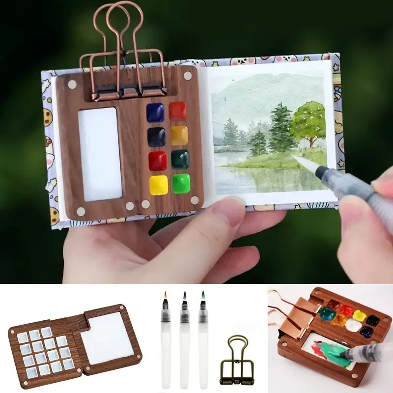 Mini Watercolor Paint Set Portable Travel Kit Water Brush Clip