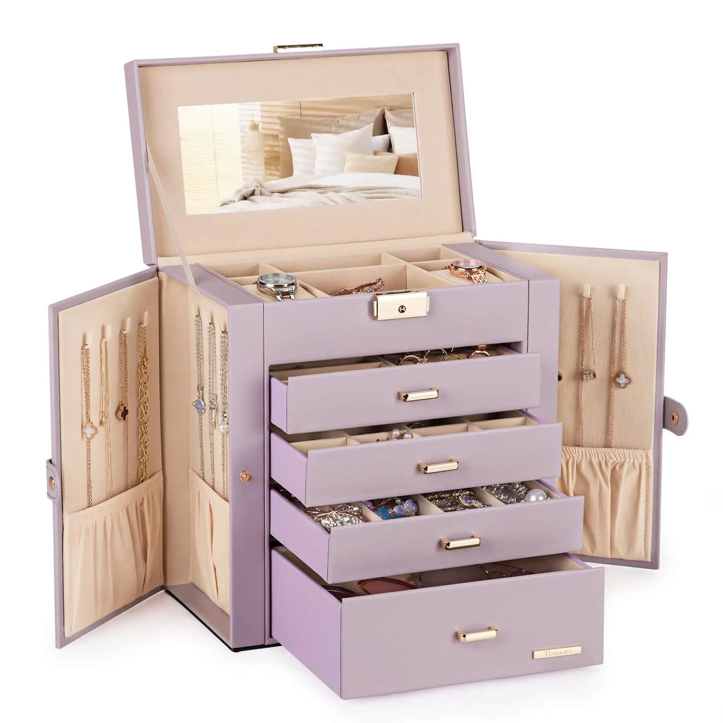 Synthetic Leather Jewelry Box With Lockable Mirrored Lid Organizer