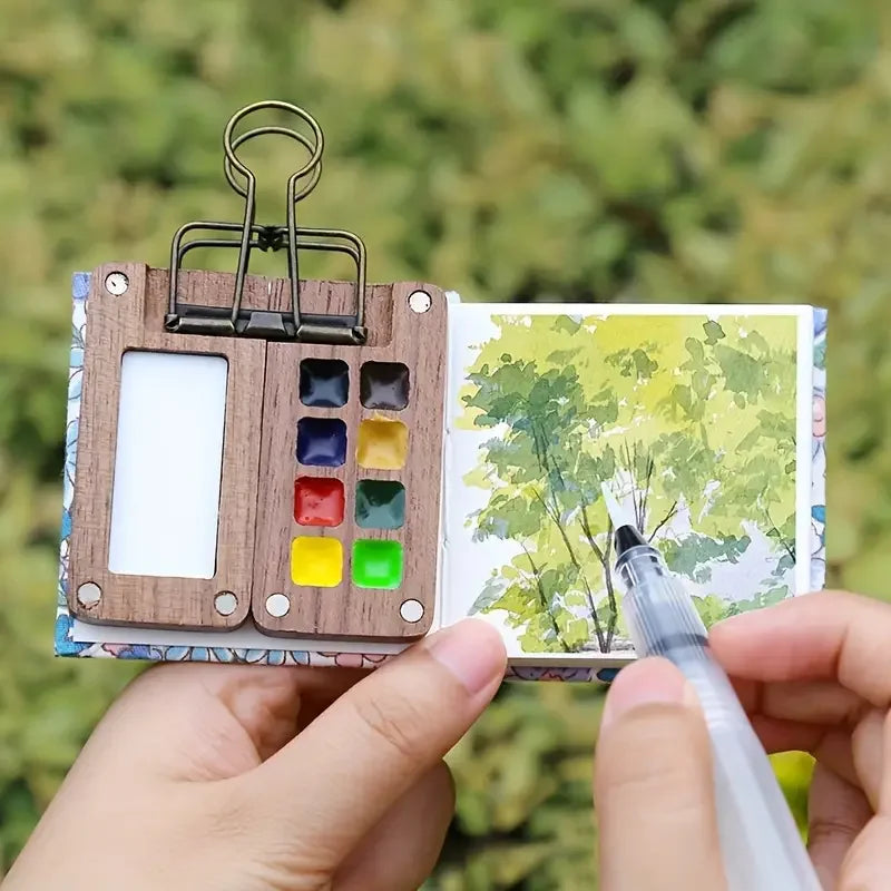 Mini Watercolor Paint Set Portable Travel Kit Water Brush Clip