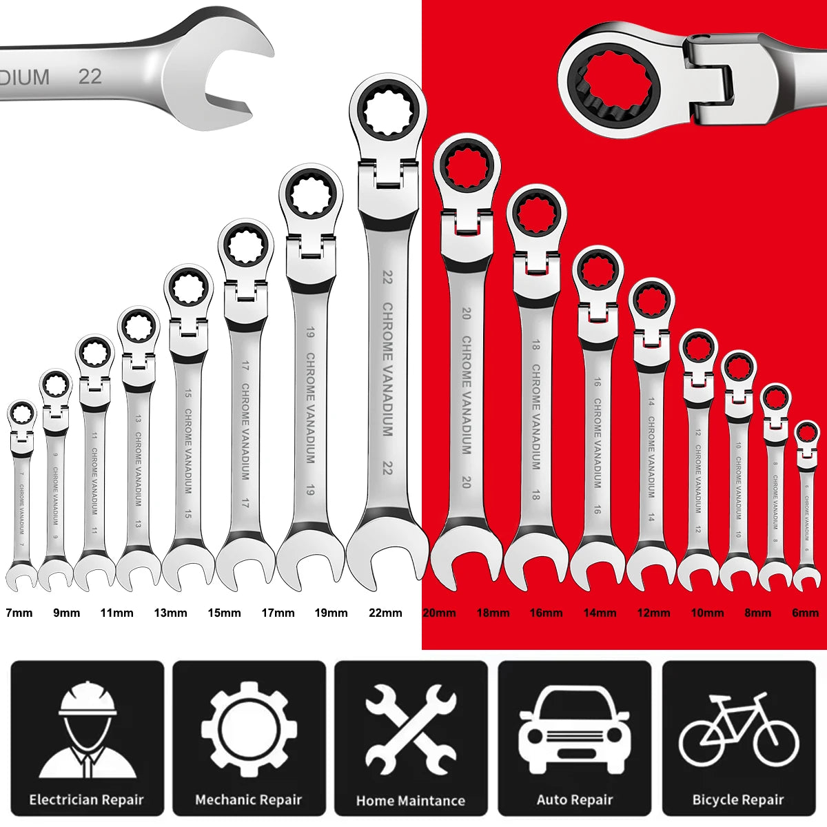 WOZOBUY Flex Head Ratchet Wrench Set 6 to 26mm Cr V Steel 72 Teeth