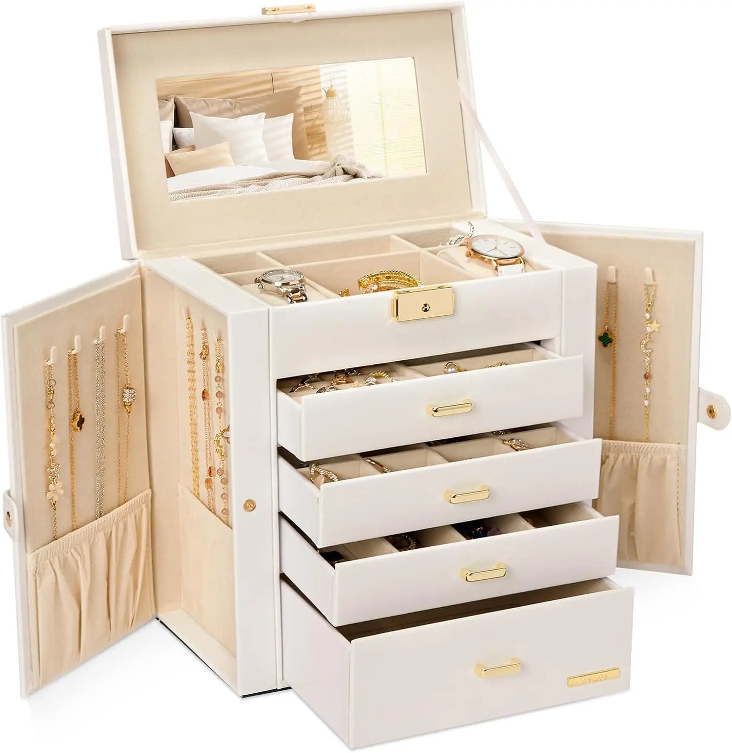 Synthetic Leather Jewelry Box With Lockable Mirrored Lid Organizer