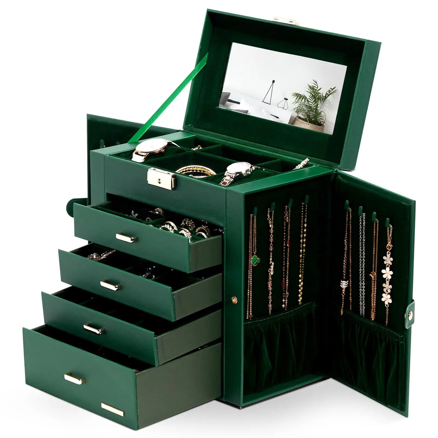 Synthetic Leather Jewelry Box With Lockable Mirrored Lid Organizer