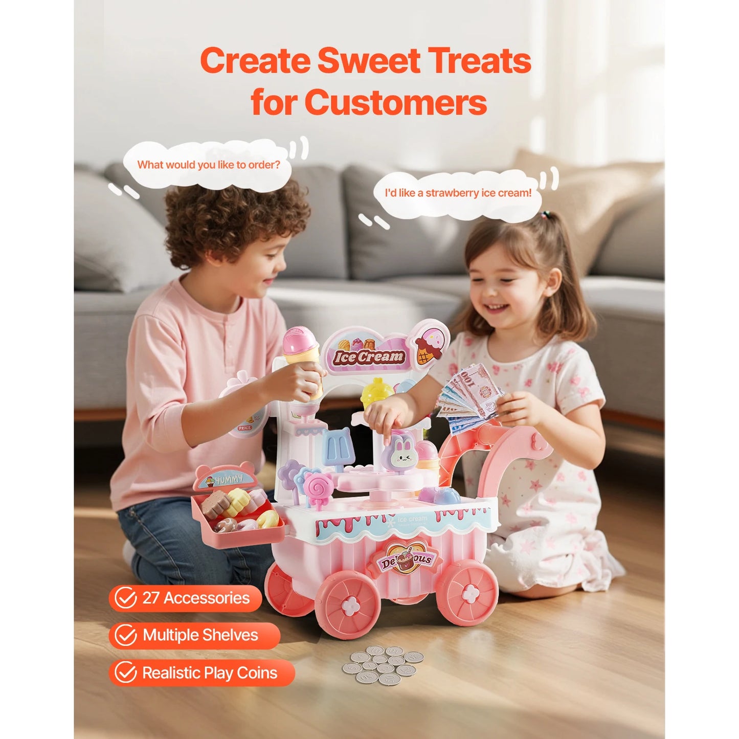 SucceBuy Ice Cream Cart For Kids With Sound And Lights