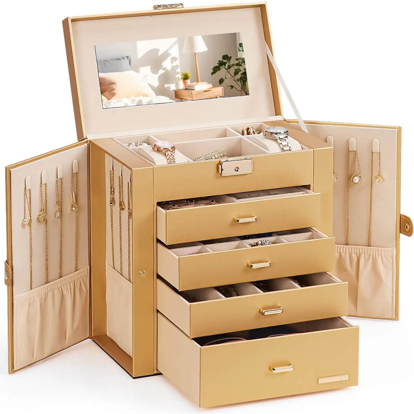 Synthetic Leather Jewelry Box With Lockable Mirrored Lid Organizer