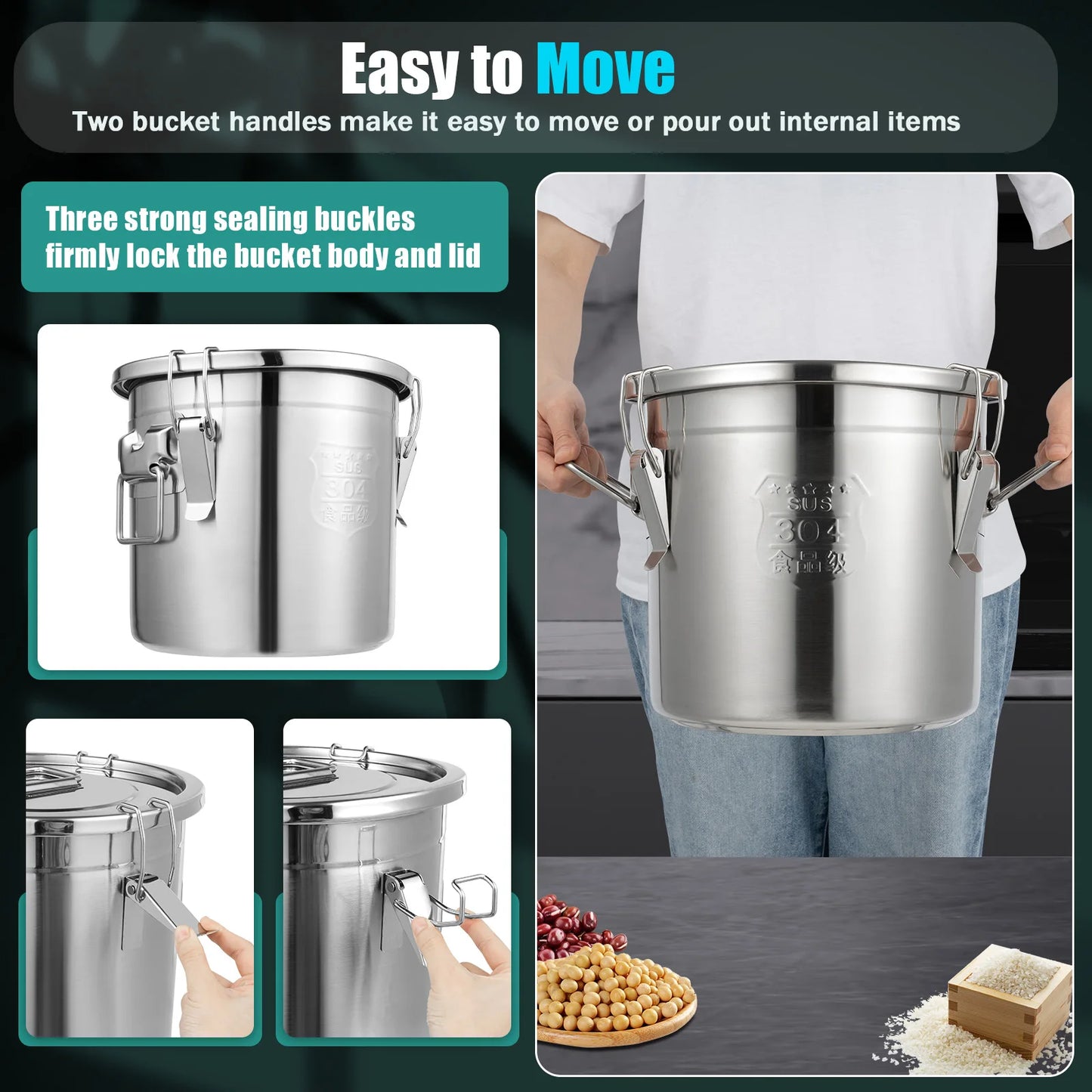 Bymaocar 304 Stainless Steel Cereal Container Airtight Rice Oil Storage Bucket
