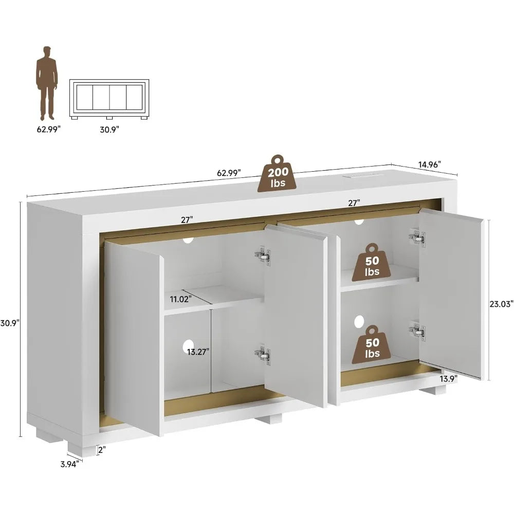 Modern Buffet Cabinet With Power Outlets LED Light Four Doors