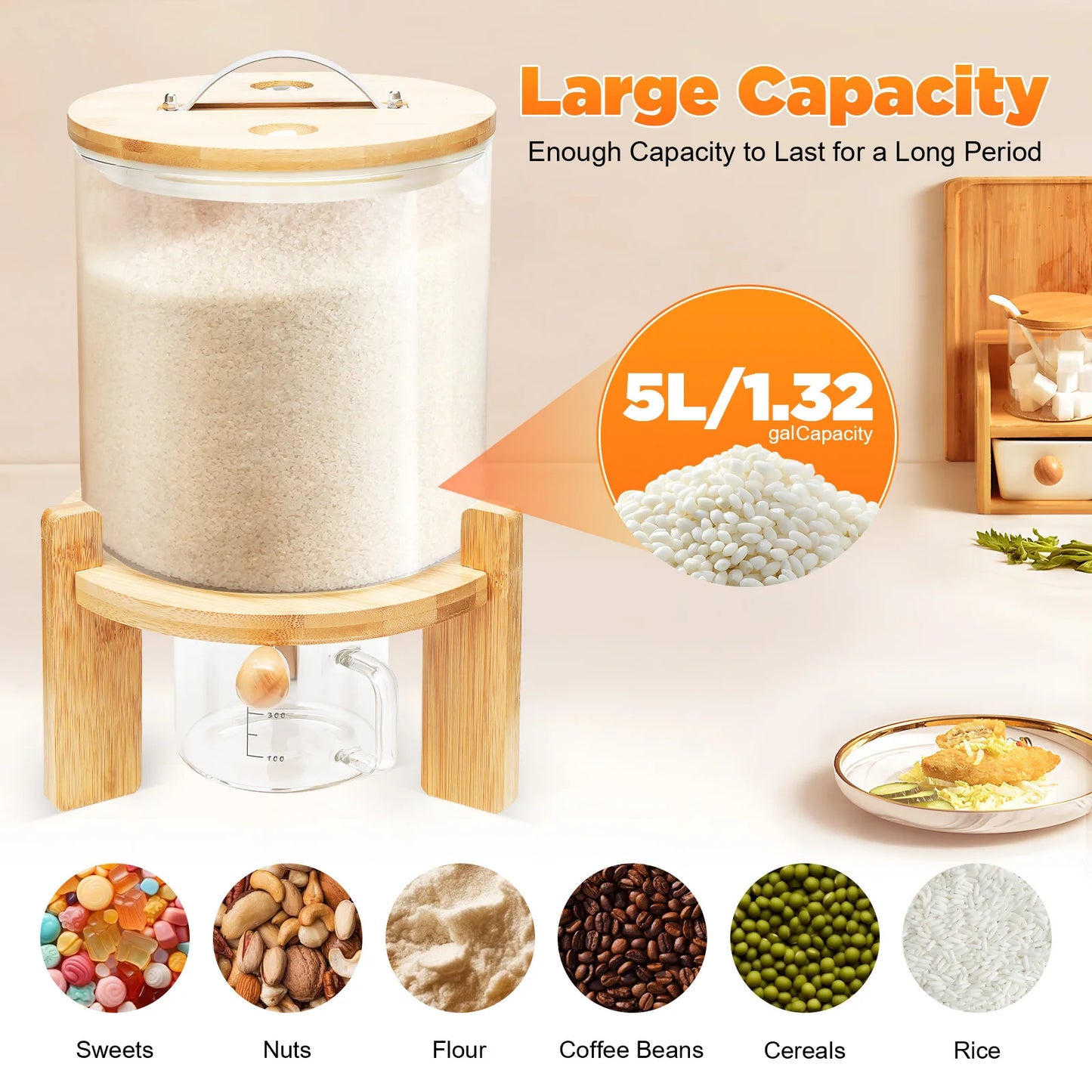 Airtight Glass Food Storage Container Cereal Dispenser With Bamboo Lid