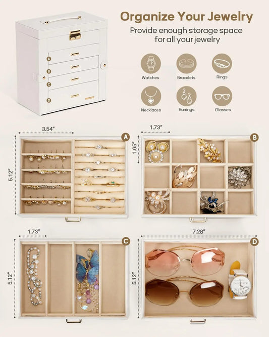 Synthetic Leather Jewelry Box With Lockable Mirrored Lid Organizer