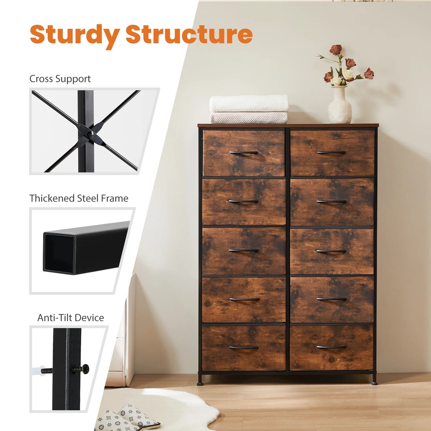JHK Bedside Table With 10 Fabric Drawers Steel Frame Wardrobe Storage Cabinet