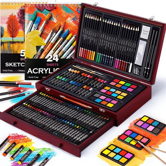 Deluxe 142-Pack Wooden Art Set With Brushes Pencils Gouache Crayons