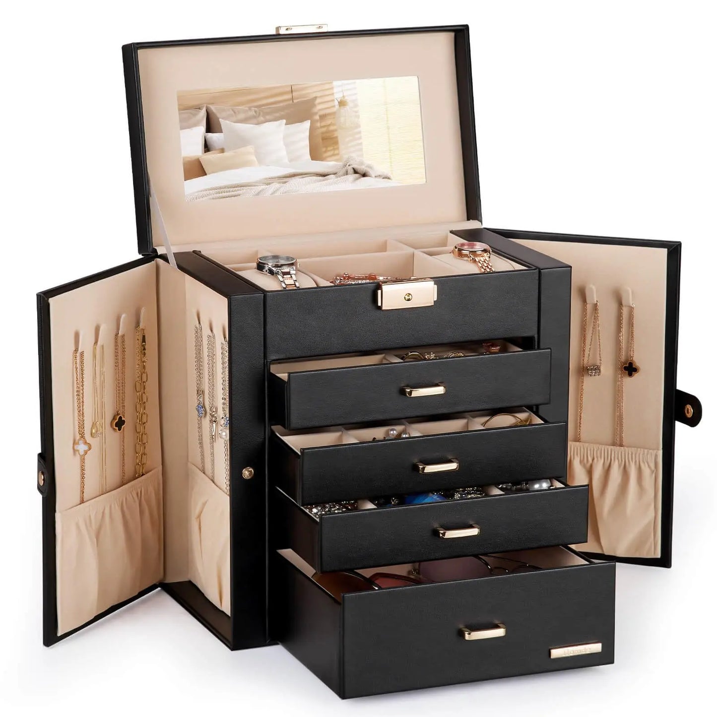 Synthetic Leather Jewelry Box With Lockable Mirrored Lid Organizer