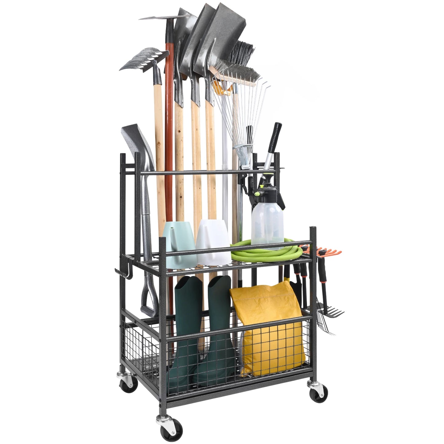 Garden Tool Organizer 16 Slots Rack With Hooks Wheels For Garage Storage