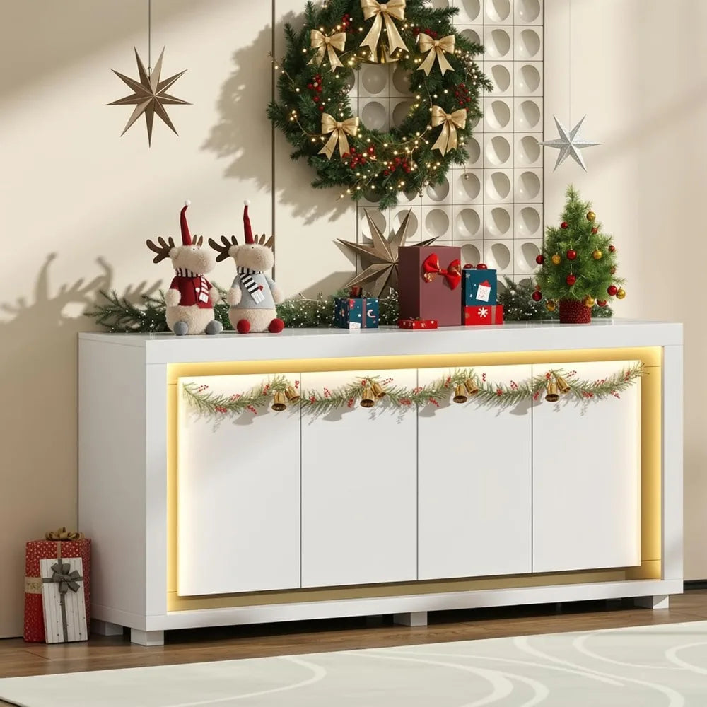 Modern Buffet Cabinet With Power Outlets LED Light Four Doors
