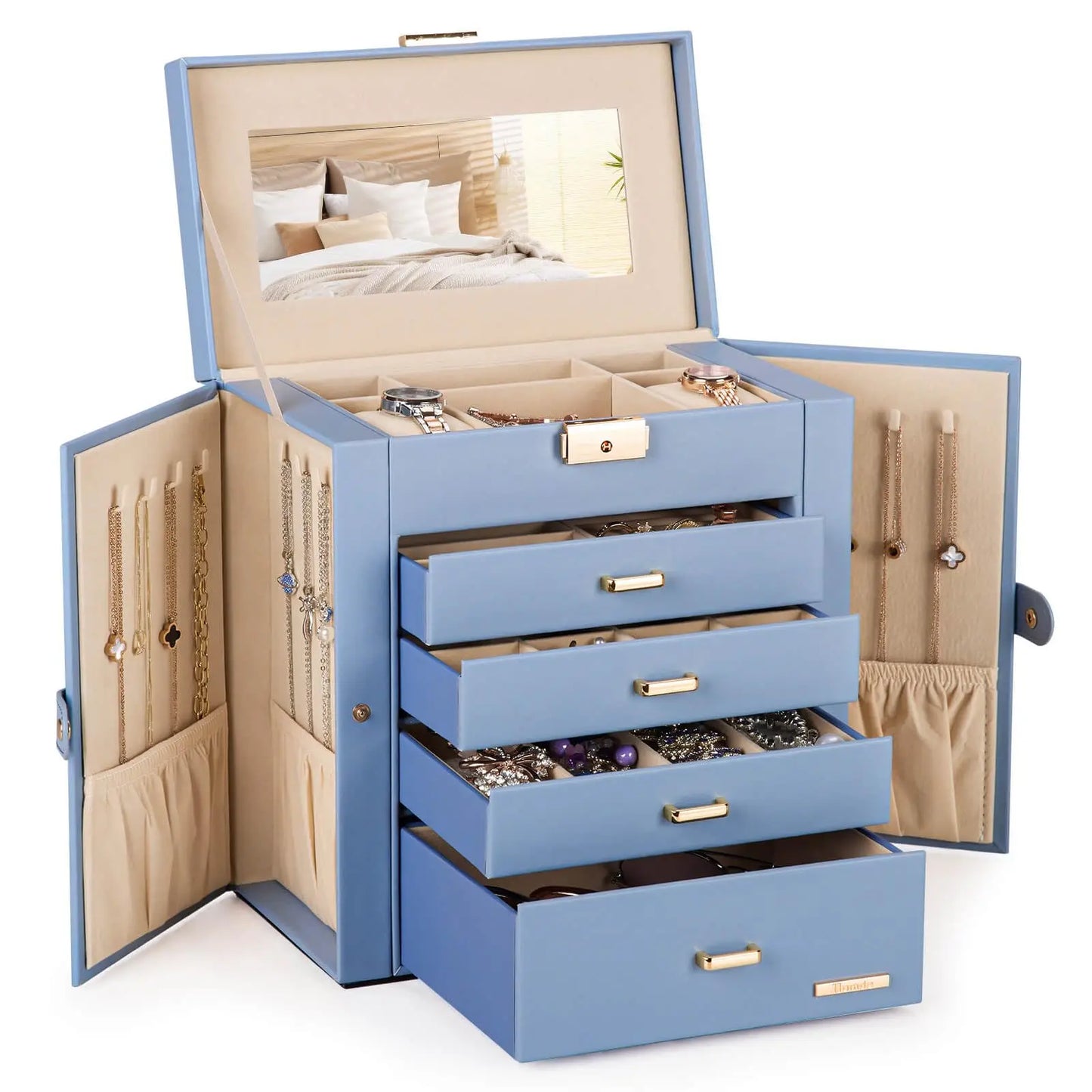Synthetic Leather Jewelry Box With Lockable Mirrored Lid Organizer