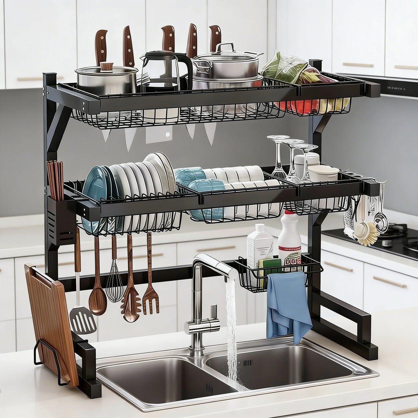 Over Sink Dish Drying Rack With Knife Holder And Hooks
