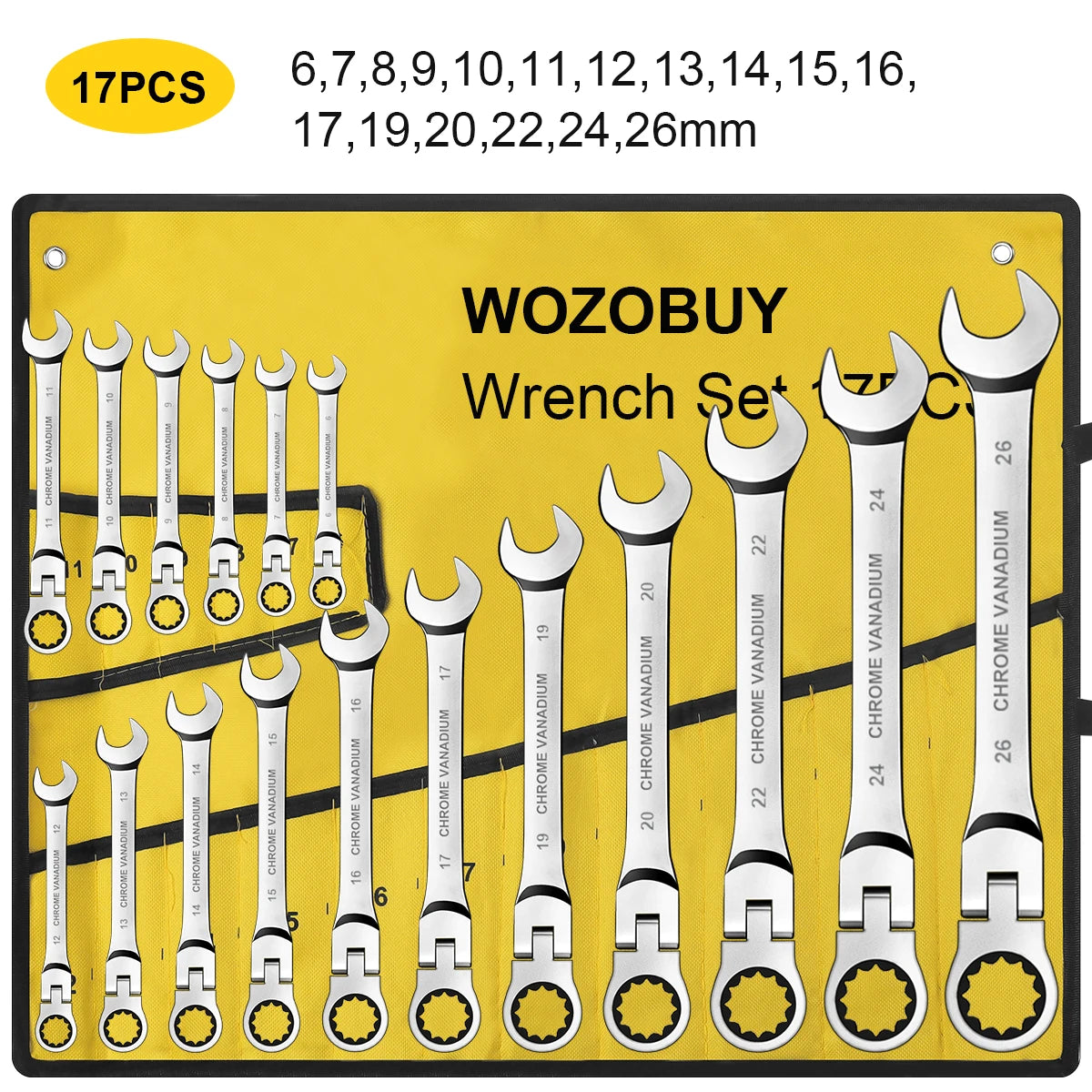 WOZOBUY Flex Head Ratchet Wrench Set 6 to 26mm Cr V Steel 72 Teeth