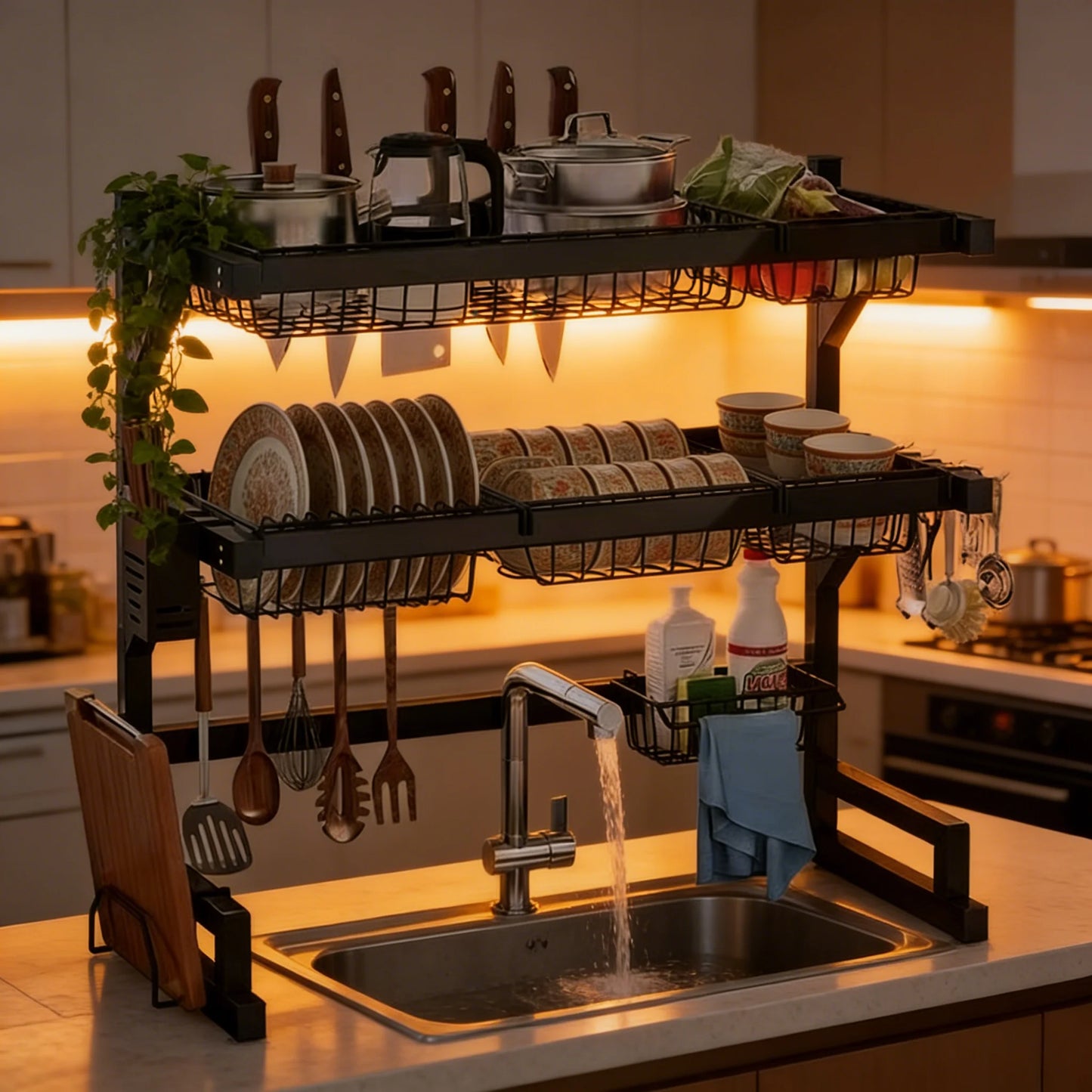 Over Sink Dish Drying Rack With Knife Holder And Hooks