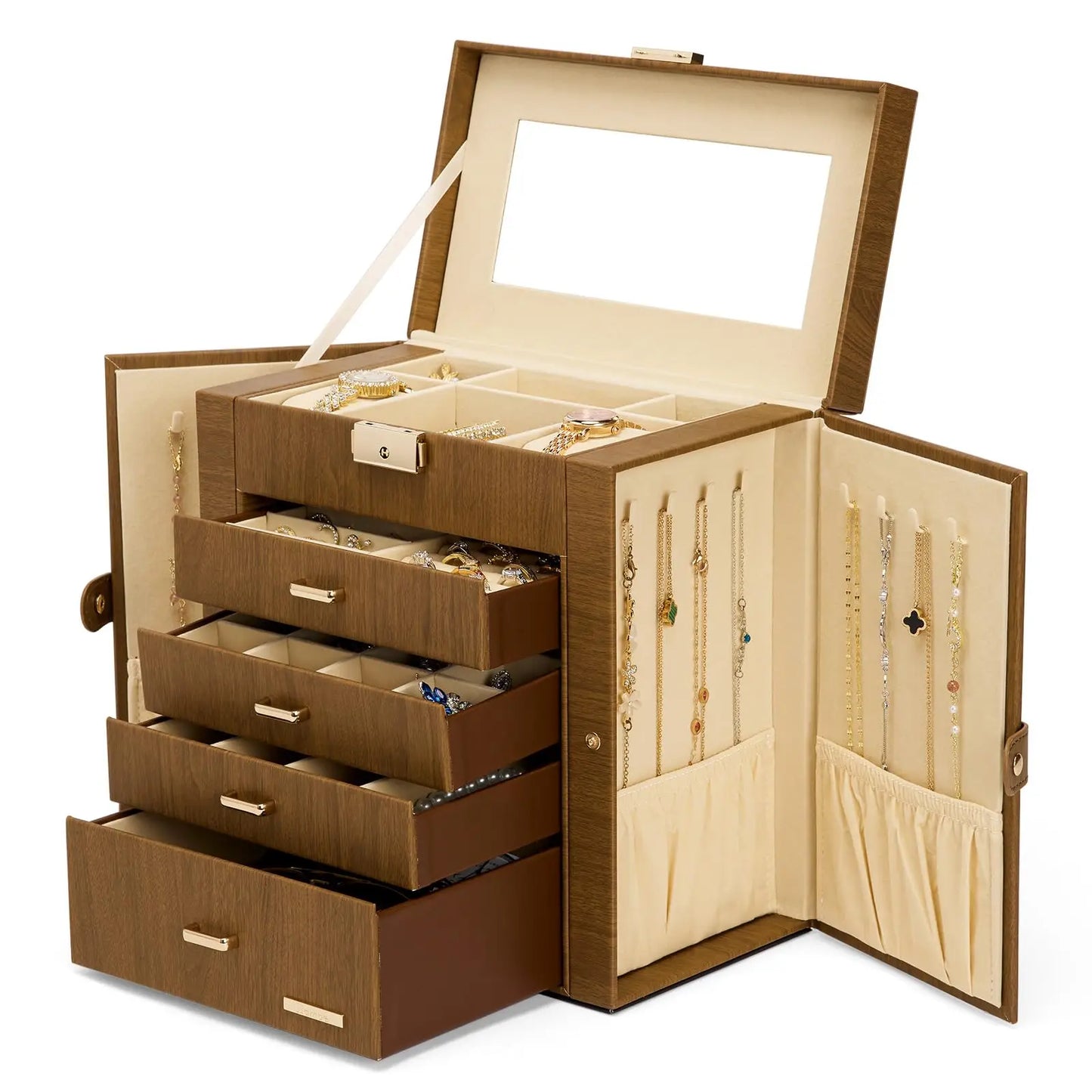 Synthetic Leather Jewelry Box With Lockable Mirrored Lid Organizer