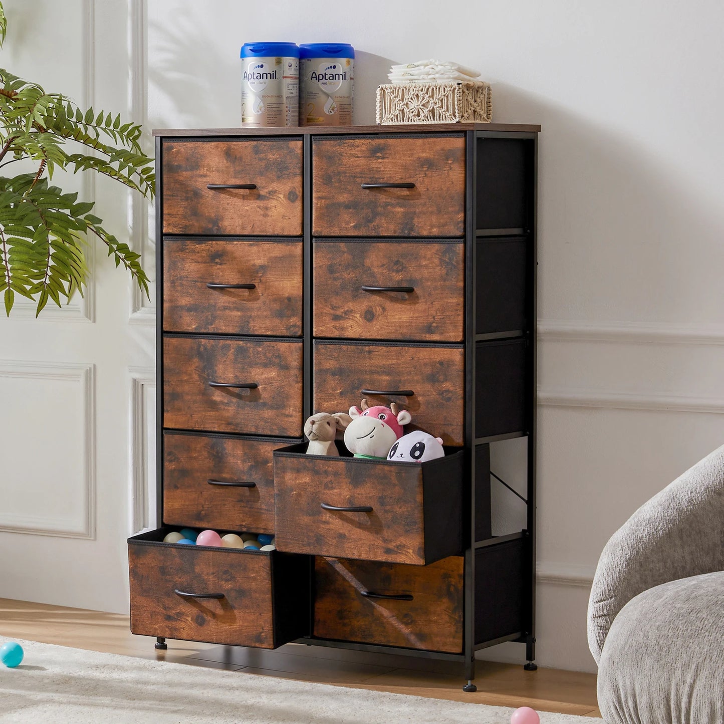 JHK Bedside Table With 10 Fabric Drawers Steel Frame Wardrobe Storage Cabinet