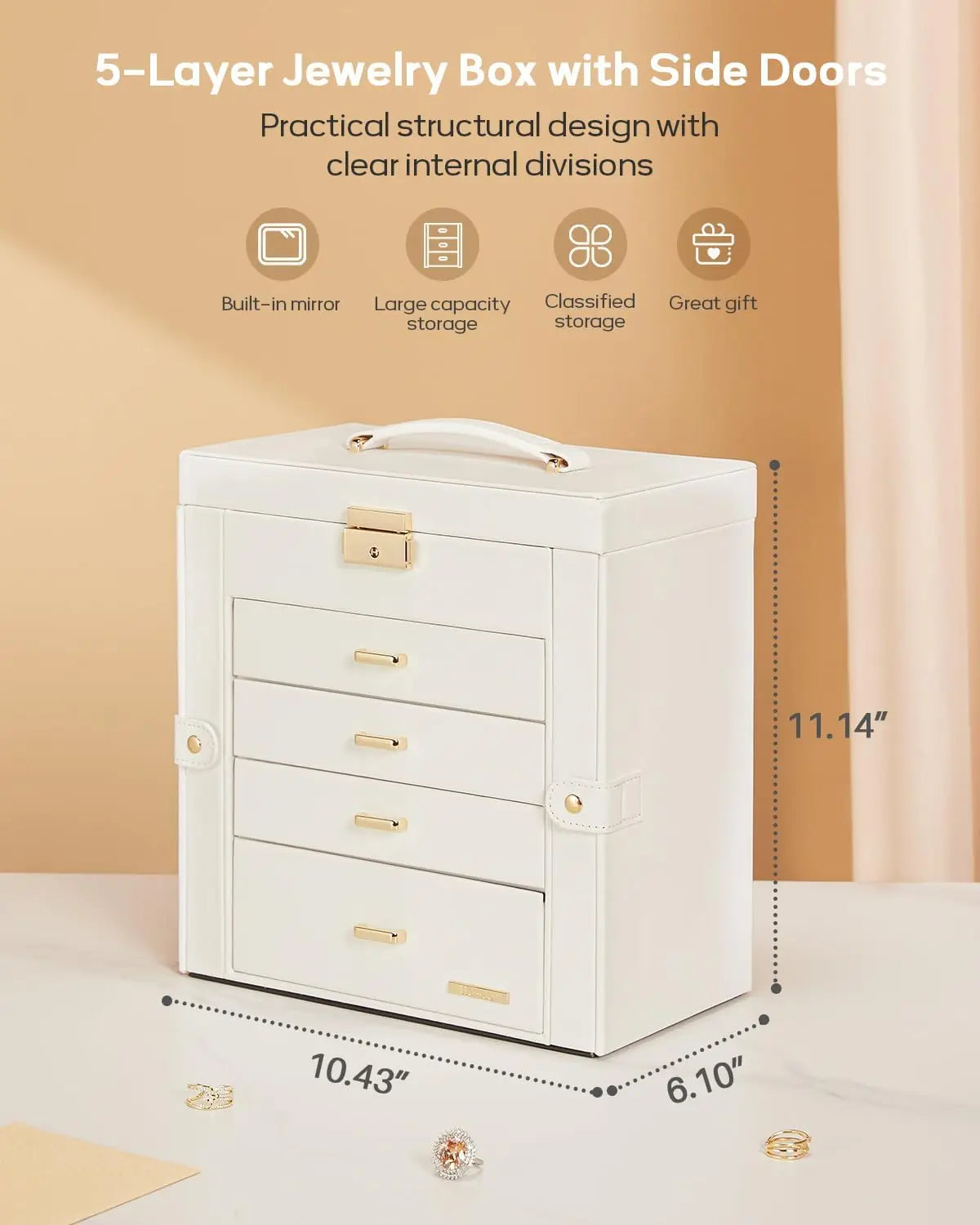 Synthetic Leather Jewelry Box With Lockable Mirrored Lid Organizer