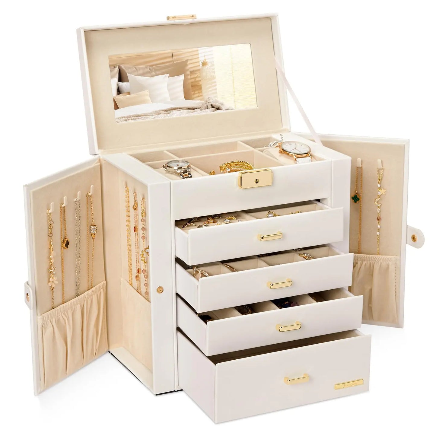 Synthetic Leather Jewelry Box With Lockable Mirrored Lid Organizer