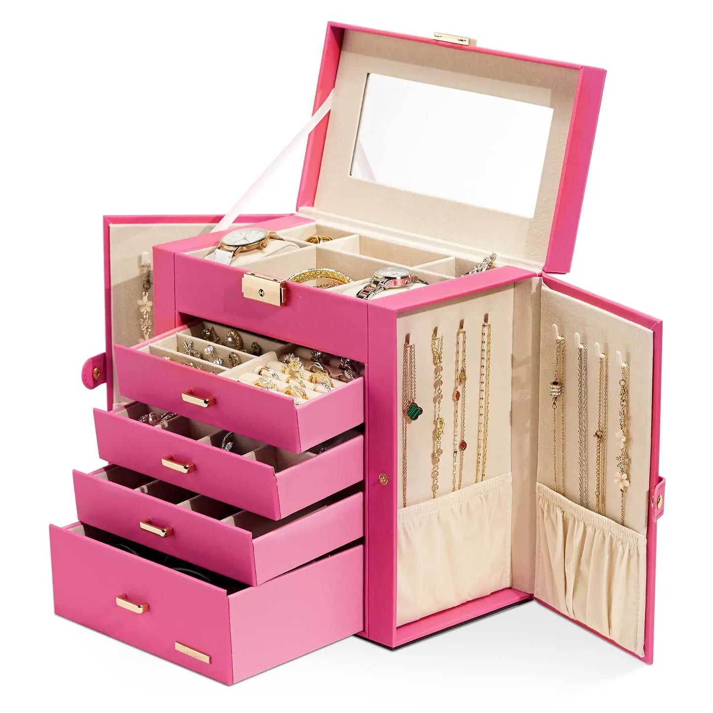 Synthetic Leather Jewelry Box With Lockable Mirrored Lid Organizer