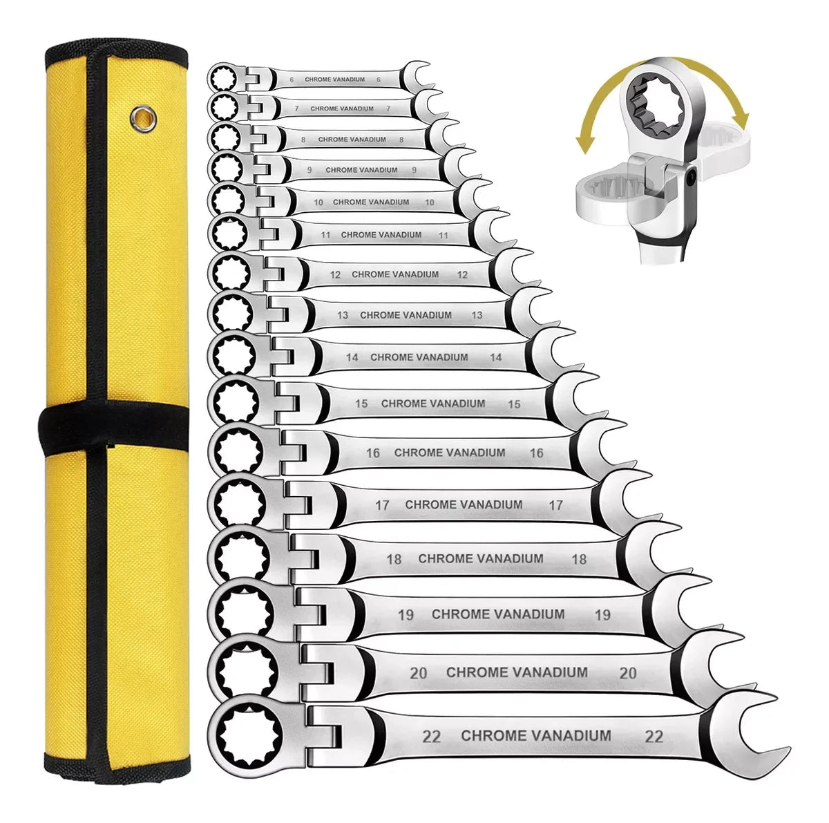 WOZOBUY Flex Head Ratchet Wrench Set 6 to 26mm Cr V Steel 72 Teeth