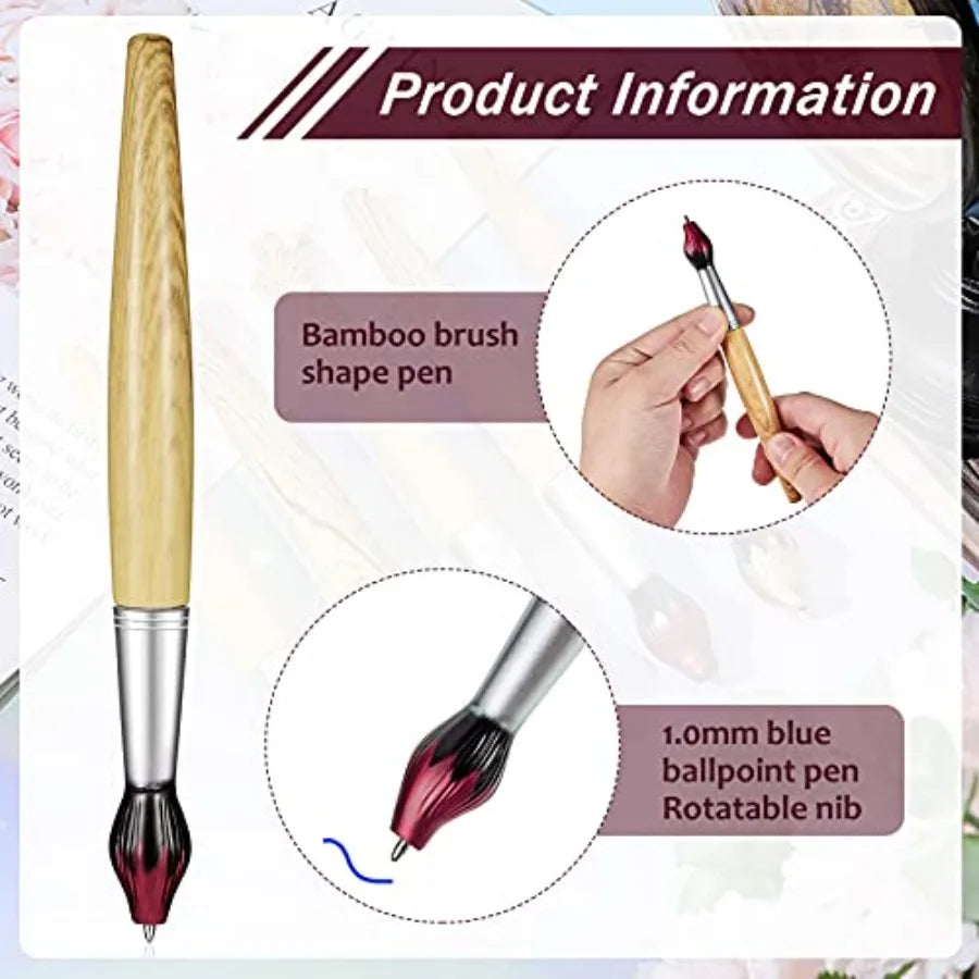 5 Piece Bamboo Paintbrush Pens Retractable Ballpoint Set For Art Teachers