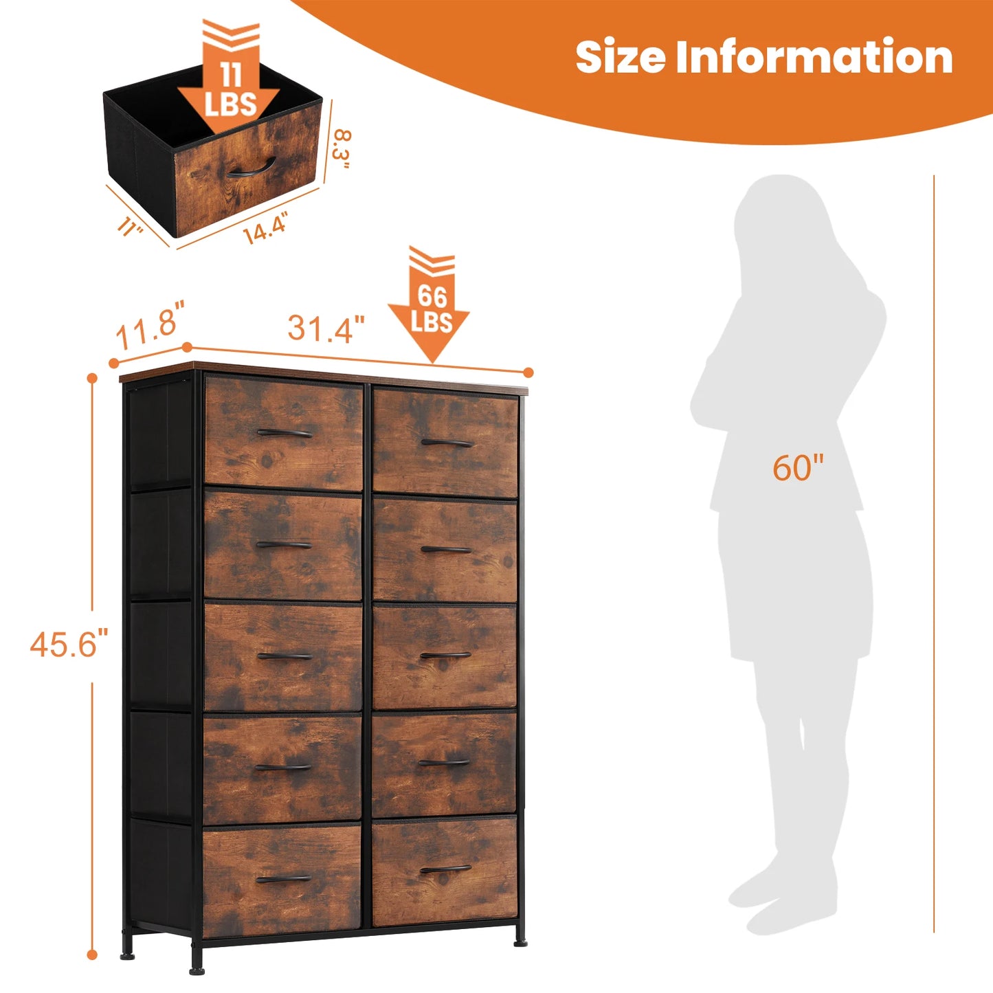 JHK Bedside Table With 10 Fabric Drawers Steel Frame Wardrobe Storage Cabinet