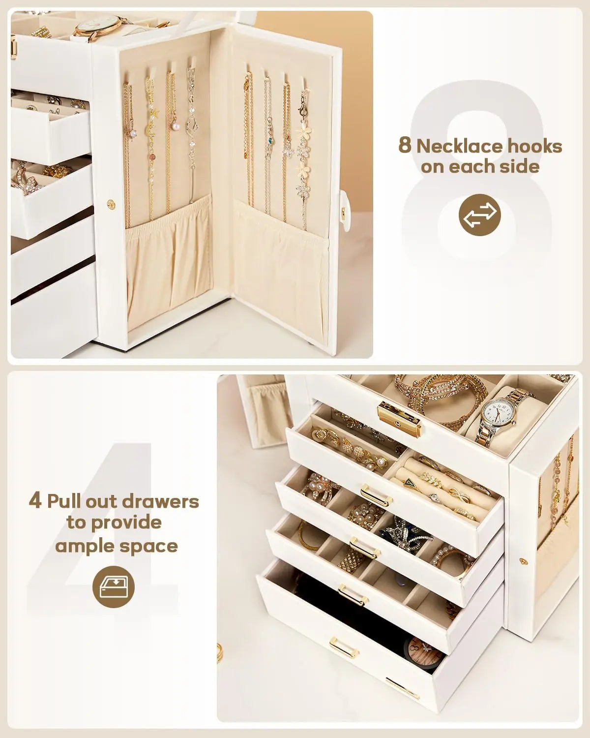 Synthetic Leather Jewelry Box With Lockable Mirrored Lid Organizer