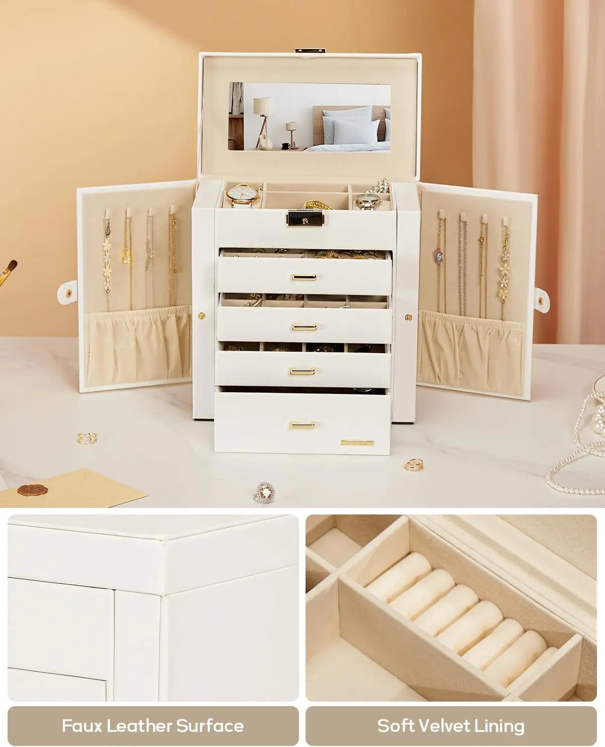 Synthetic Leather Jewelry Box With Lockable Mirrored Lid Organizer