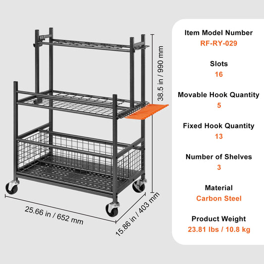 Garden Tool Organizer 16 Slots Rack With Hooks Wheels For Garage Storage