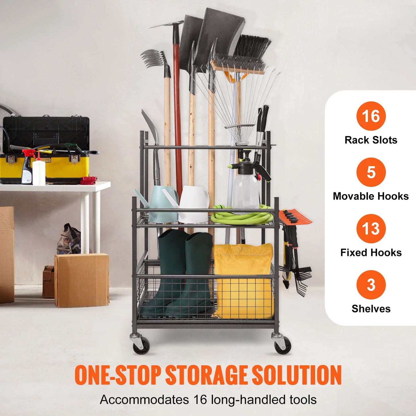 Garden Tool Organizer 16 Slots Rack With Hooks Wheels For Garage Storage