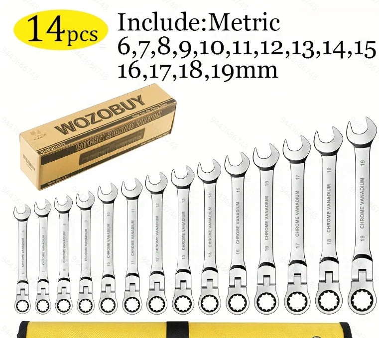 WOZOBUY Flex Head Ratchet Wrench Set 6 to 26mm Cr V Steel 72 Teeth