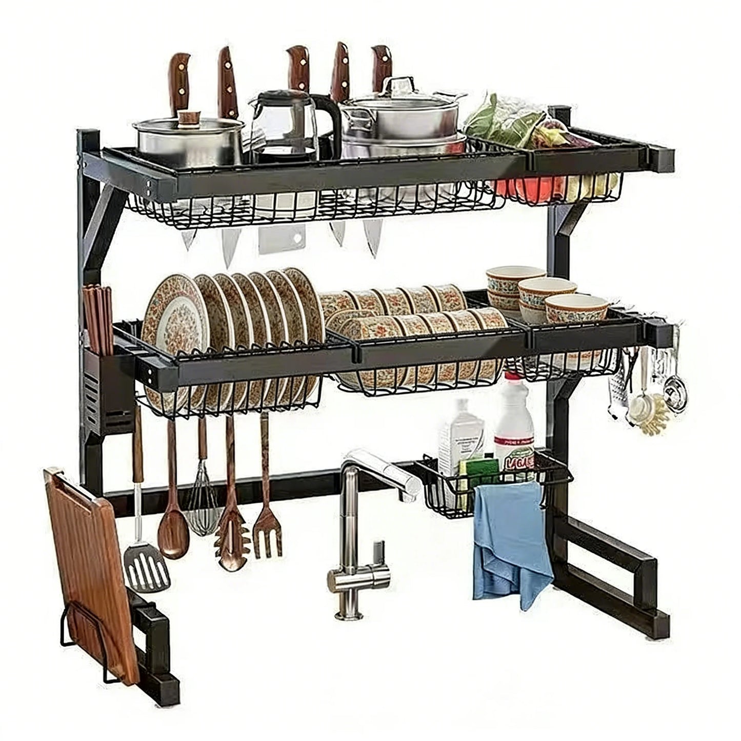 Over Sink Dish Drying Rack With Knife Holder And Hooks
