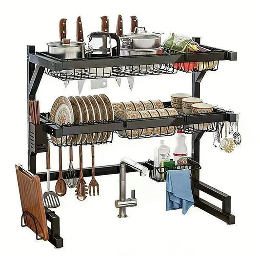 Over Sink Dish Drying Rack With Knife Holder And Hooks