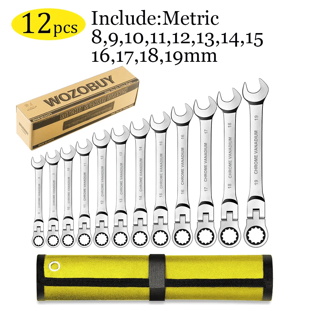 WOZOBUY Flex Head Ratchet Wrench Set 6 to 26mm Cr V Steel 72 Teeth