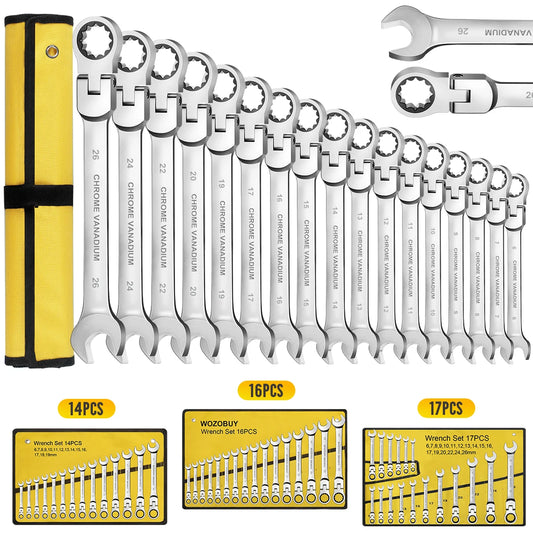 WOZOBUY Flex Head Ratchet Wrench Set 6 to 26mm Cr V Steel 72 Teeth