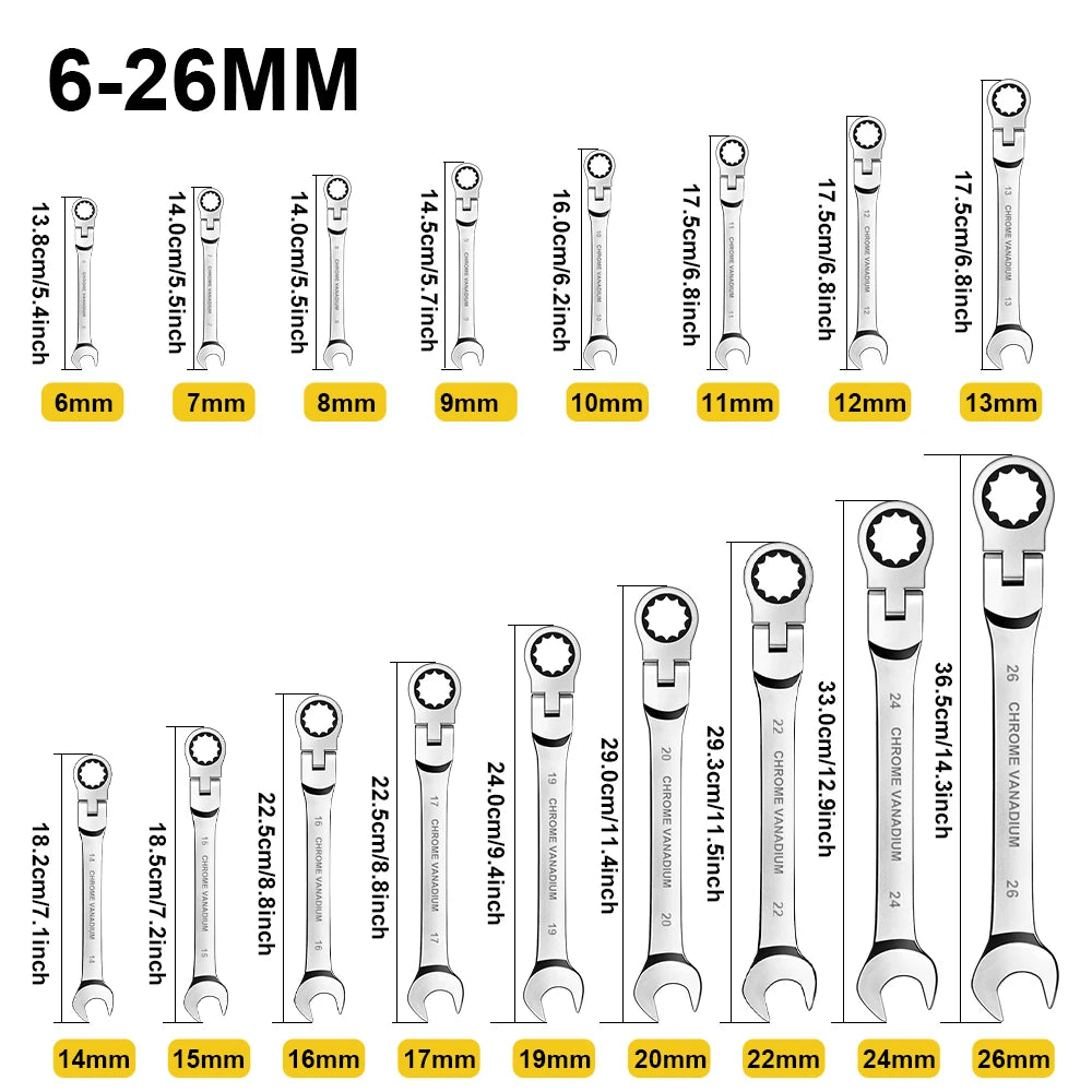 WOZOBUY Flex Head Ratchet Wrench Set 6 to 26mm Cr V Steel 72 Teeth