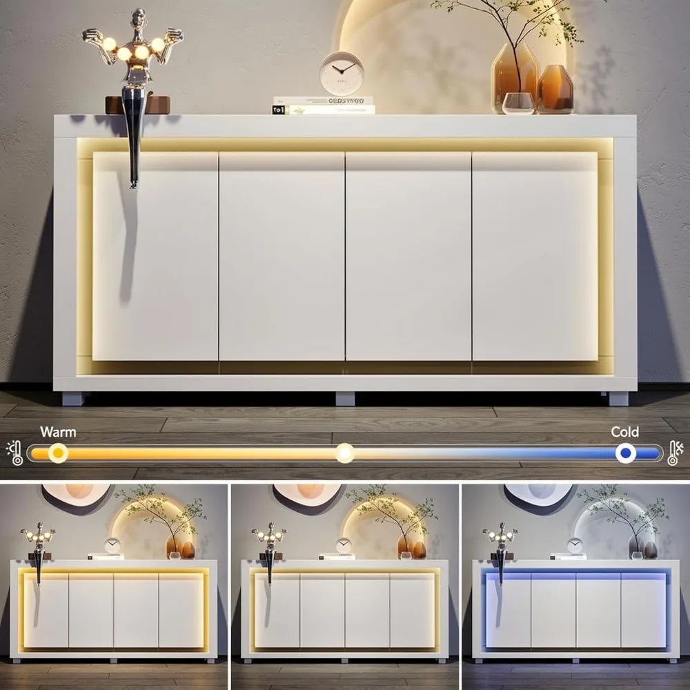 Modern Buffet Cabinet With Power Outlets LED Light Four Doors