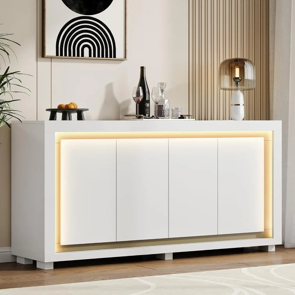 Modern Buffet Cabinet With Power Outlets LED Light Four Doors