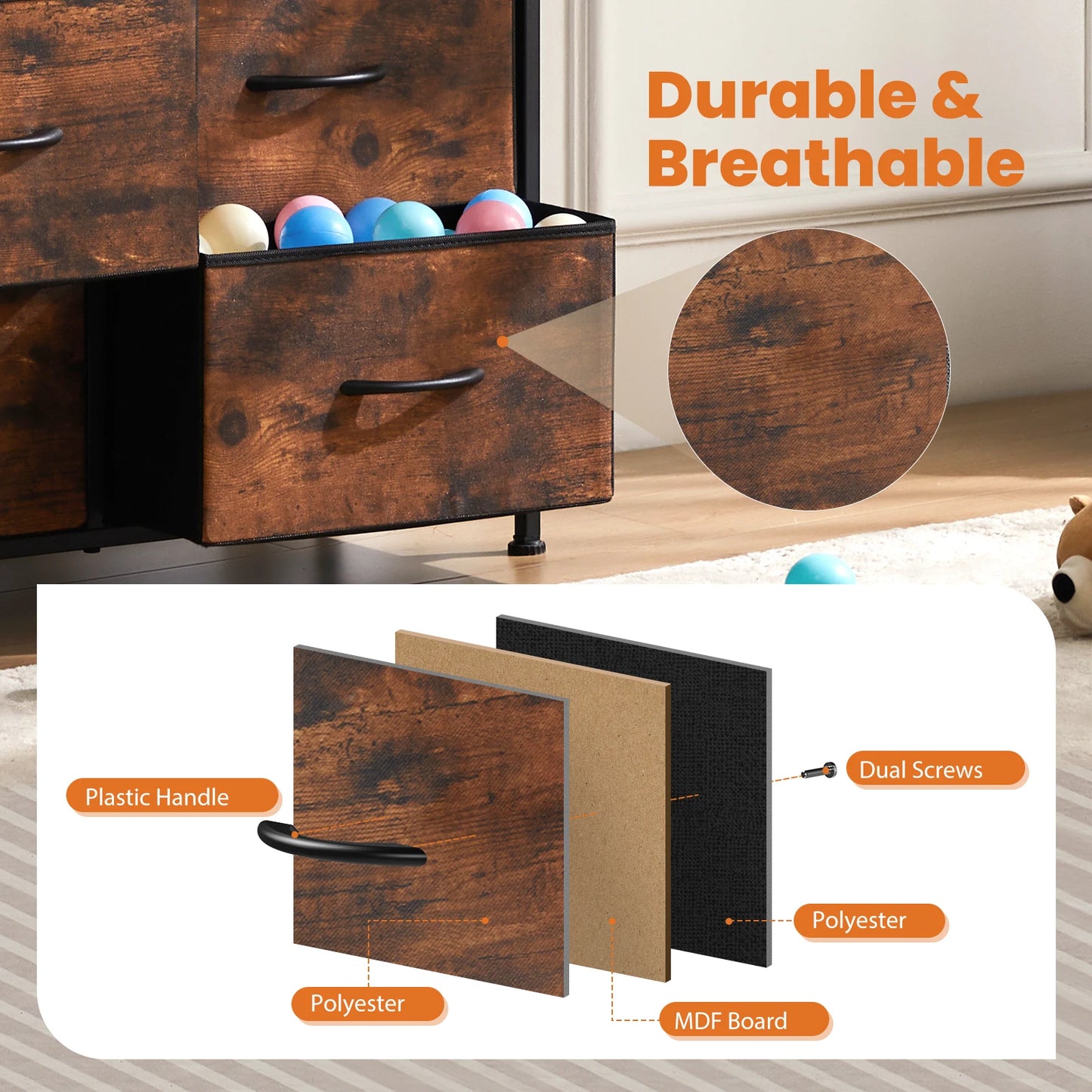 JHK Bedside Table With 10 Fabric Drawers Steel Frame Wardrobe Storage Cabinet